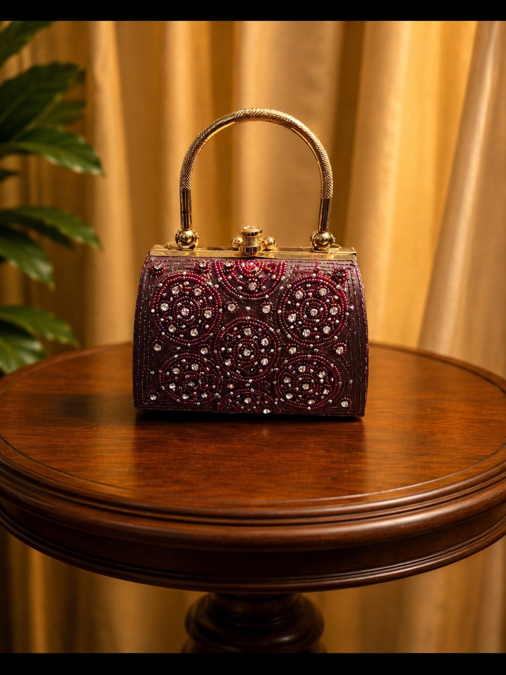 Beaded Burgundy Evening Top-Handle Bag with Gold Hardware
